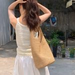 MBH Spring Summer Raffia Woven Bucket Bag Large Capacity Versatile Vacation Beach Shoulder Bag
