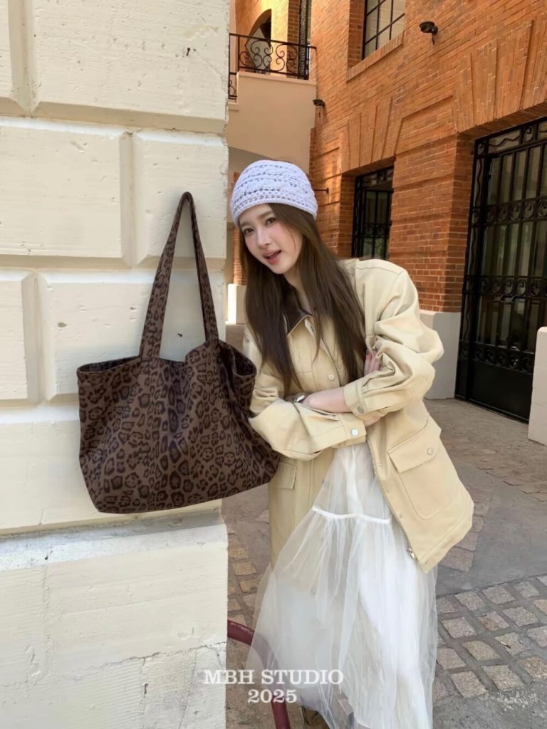 MBH Leopard Print Suede Tote Bag Autumn Winter Large Capacity Shoulder Bag